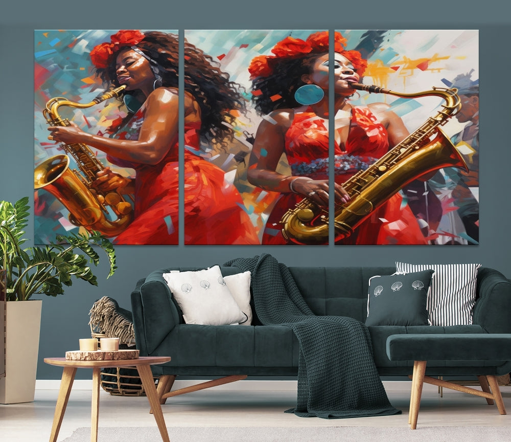 Saxophone Music Wall Art, Jazz Canvas Print, African American Woman Painting, Set of Print