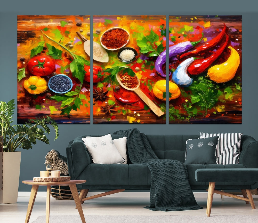 Modern Kitchen Wall Art Print, Colorful Fresh Vegetables Cooking Canvas Art, Restaurant Decor, Set of