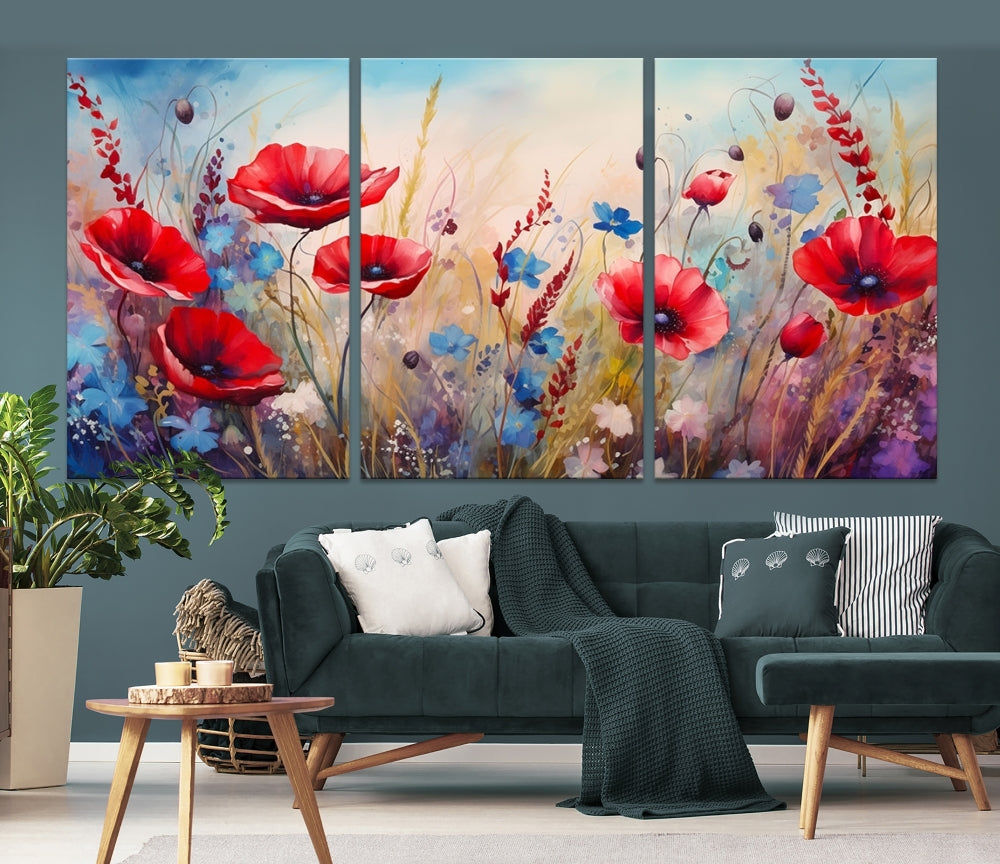 Colorful Wall Art Canvas Print Abstract Flowers Watercolor Red Blue Painting