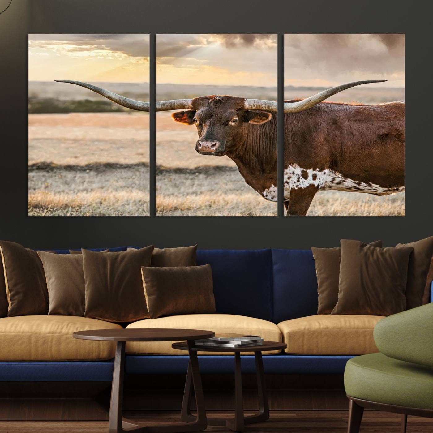 Bighorn Cow Texas Theme Decor Wall Art Canvas Print, Cattle Longhorn Wall Art Print