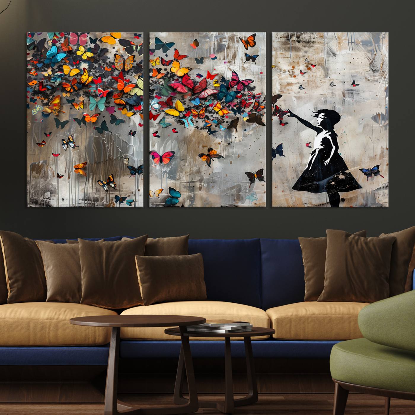 Banksy Style Girl and Butterfly on the Wall Art Canvas Print