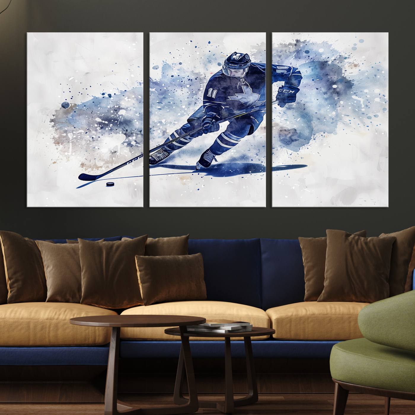 Abstract Watercolor Hockey Player Wall Art Canvas Print for Sport Room Decor