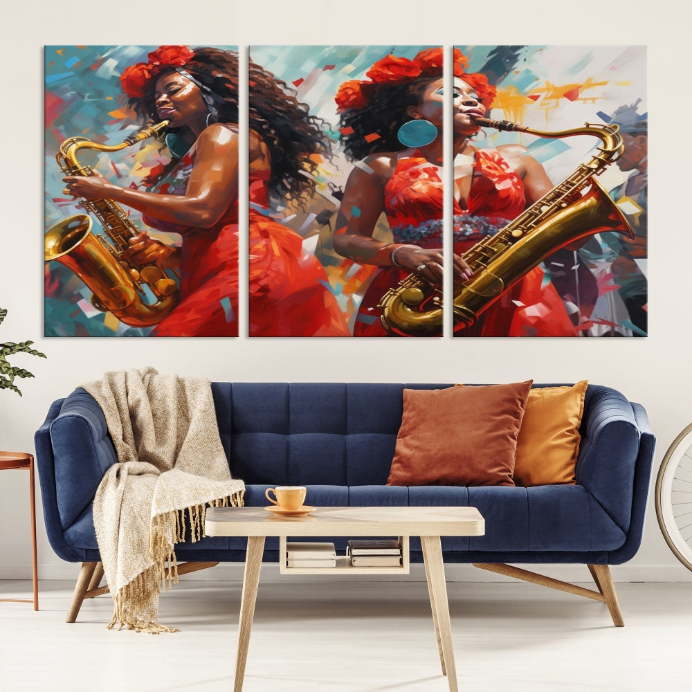 Saxophone Music Wall Art, Jazz Canvas Print, African American Woman Painting, Set of Print