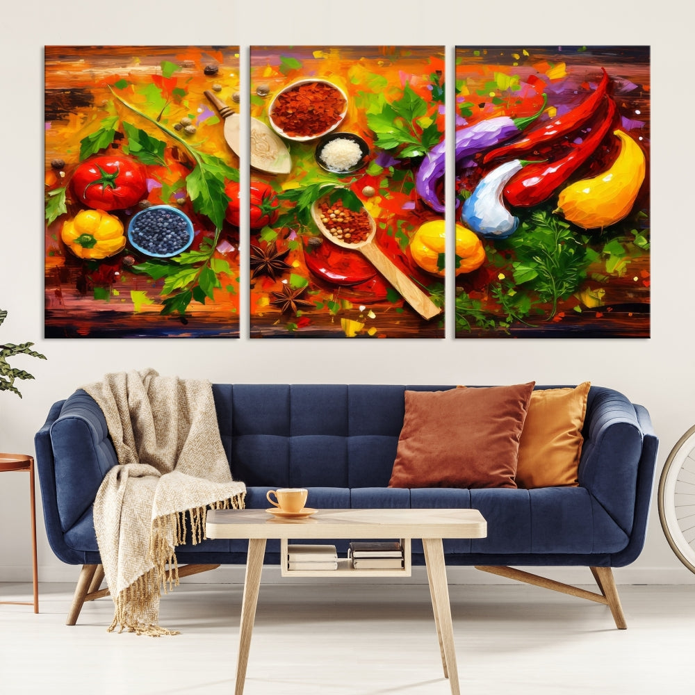 Modern Kitchen Wall Art Print, Colorful Fresh Vegetables Cooking Canvas Art, Restaurant Decor, Set of