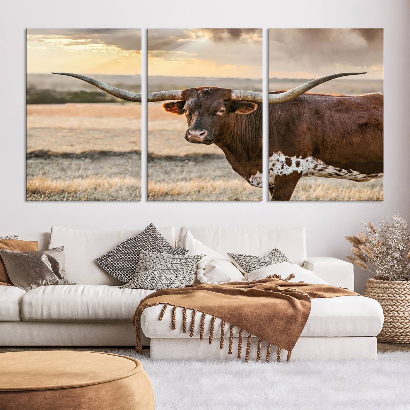 Bighorn Cow Texas Theme Decor Wall Art Canvas Print, Cattle Longhorn Wall Art Print