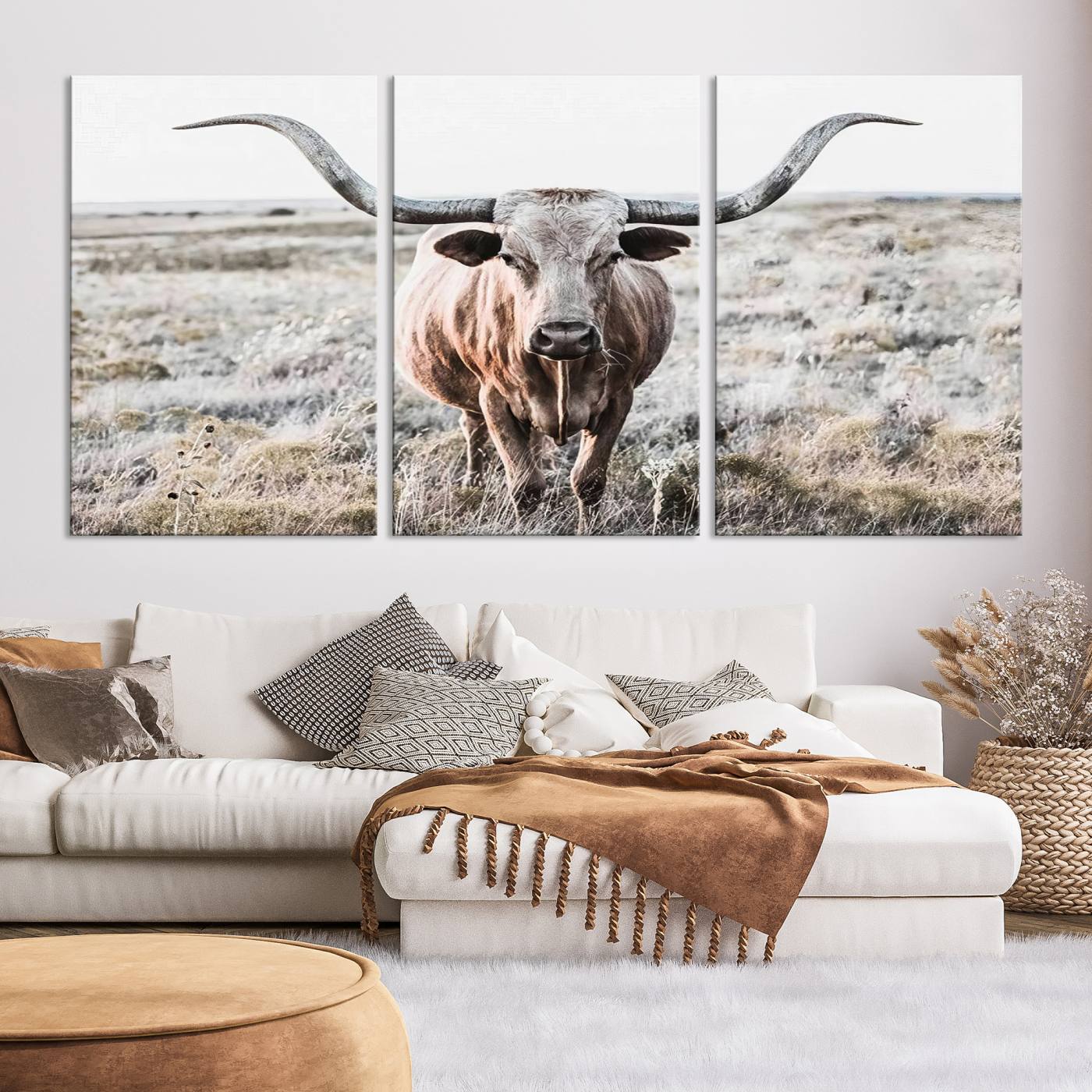 Texas Cow Longhorn Wall Art Canvas Print, Cattle Bighorn Wall Art Print