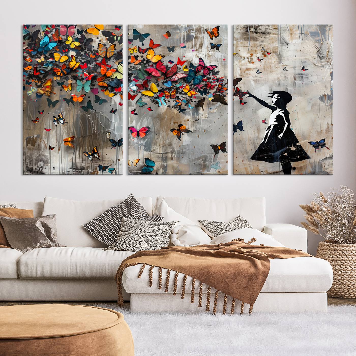 Banksy Style Girl and Butterfly on the Wall Art Canvas Print