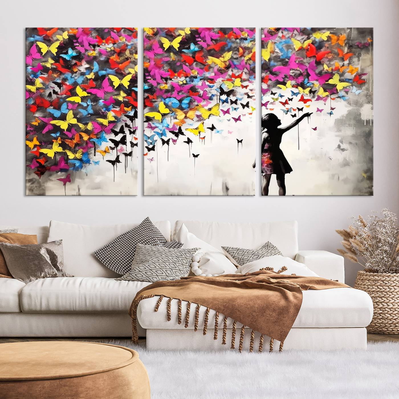 Banksy Style Girl and Butterfly Wall Art Canvas Print