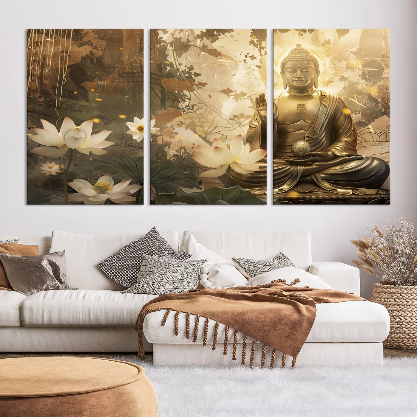 Buddha and Lotus Wall Art Canvas Print, Buddha Meditation Room Decor, Yoga Room Wall Art