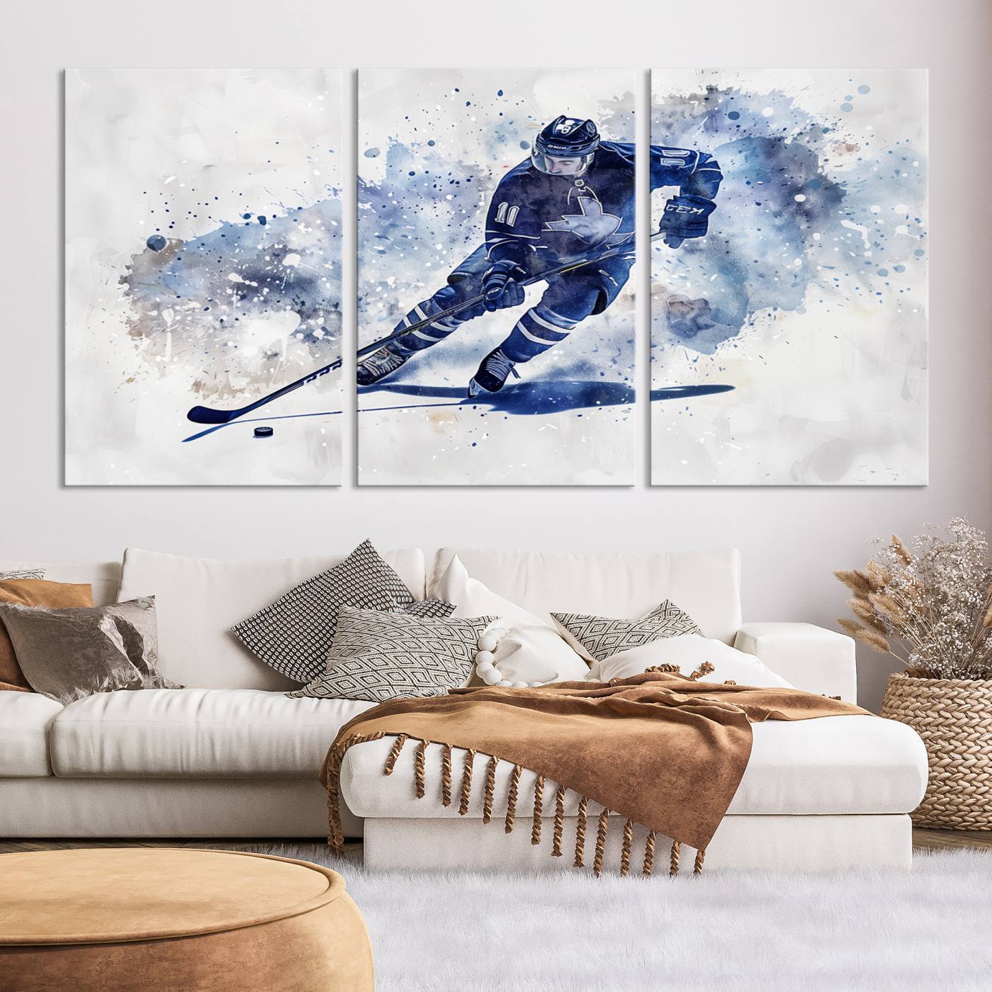 Abstract Watercolor Hockey Player Wall Art Canvas Print for Sport Room Decor