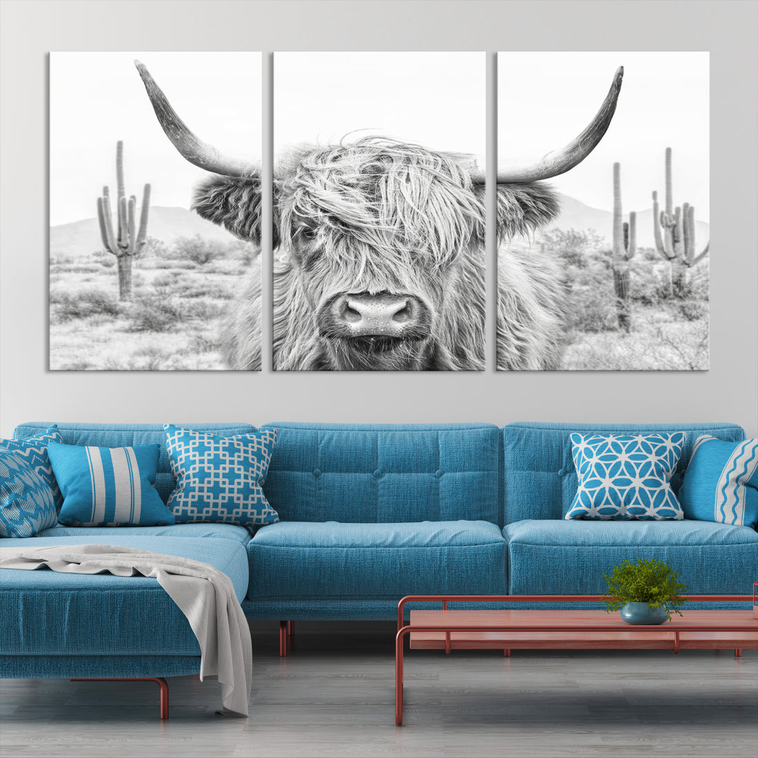 Longhorn Cow Wall Art Large Canvas Print Landscape Animal Framed Art Set of 3