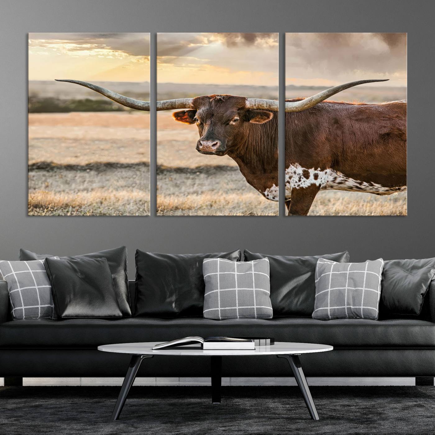 Bighorn Cow Texas Theme Decor Wall Art Canvas Print, Cattle Longhorn Wall Art Print