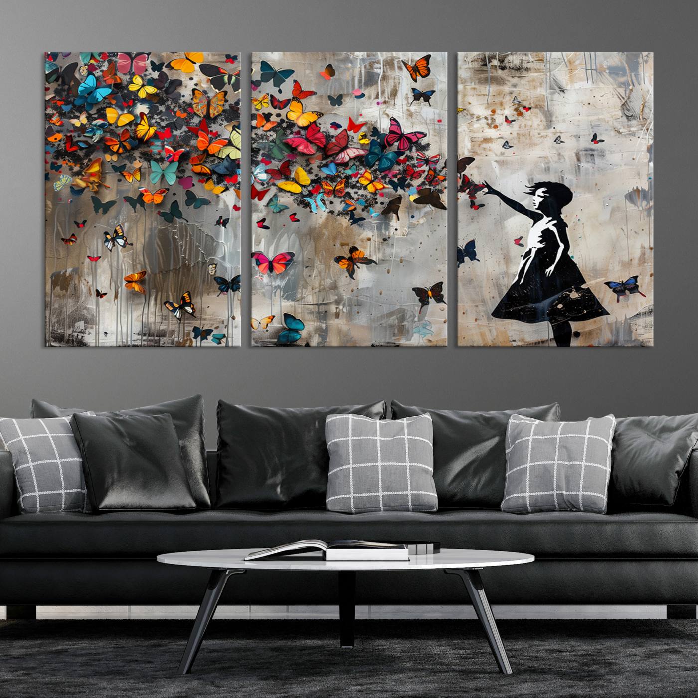 Banksy Style Girl and Butterfly on the Wall Art Canvas Print