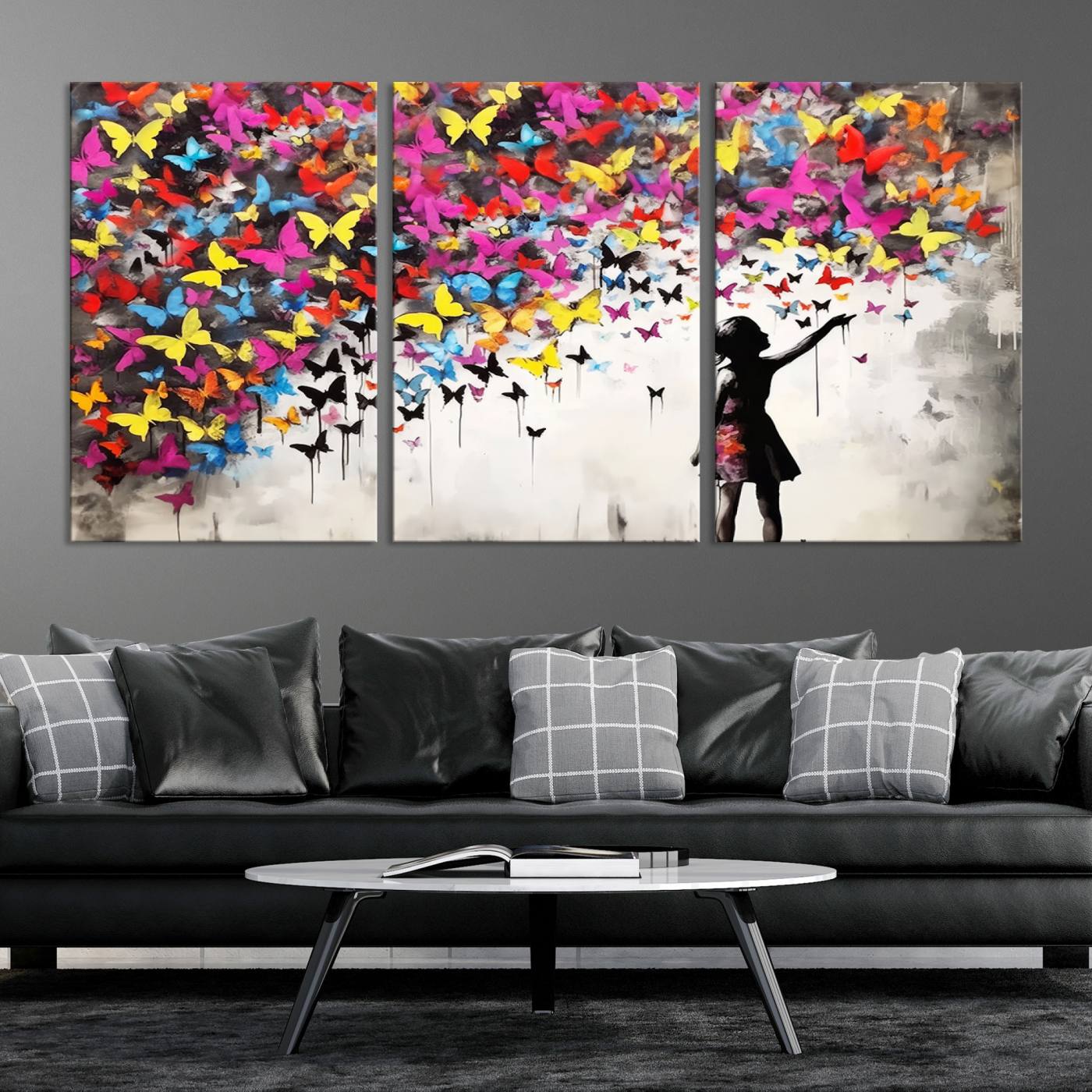 Banksy Style Girl and Butterfly Wall Art Canvas Print