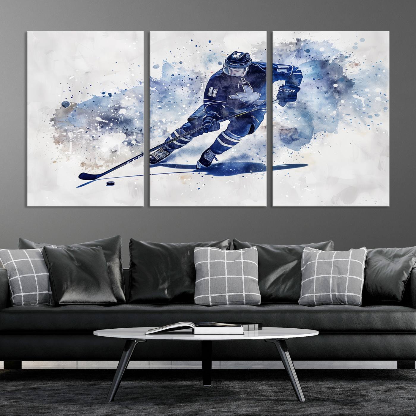 Abstract Watercolor Hockey Player Wall Art Canvas Print for Sport Room Decor