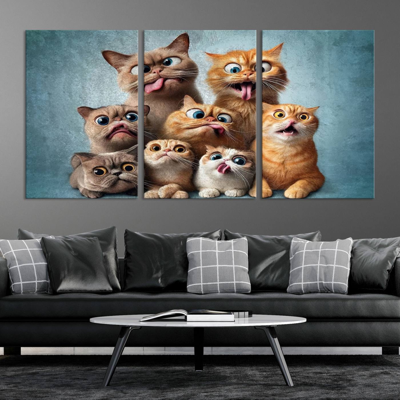 Fanny Cats Wall Art Canvas Print, Pixar Style Cat Wall Art Print, Comic Cartoon Cat Print