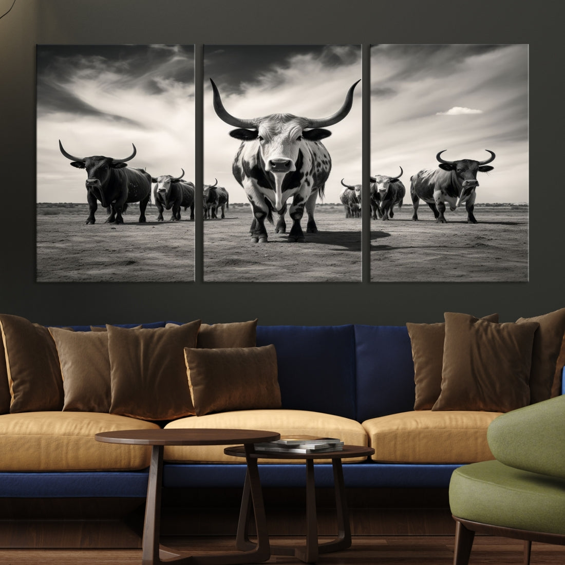 Texas Bighorn Cow Animal Wall Art Canvas Print, Longhorn Cow Large Wall Art