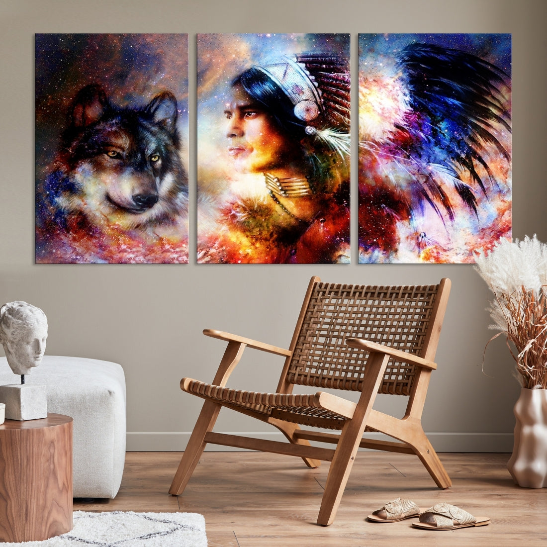 Wolf and Abstract Indian Chief Wall Art Canvas Print