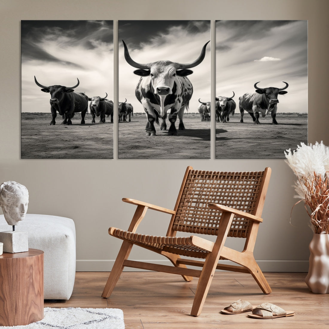 Texas Bighorn Cow Animal Wall Art Canvas Print, Longhorn Cow Large Wall Art