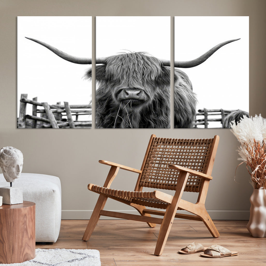 Bighorn Wall Art Cow Canvas Print Black White Artwork Mountain Lounge Farmhouse Wall Decor