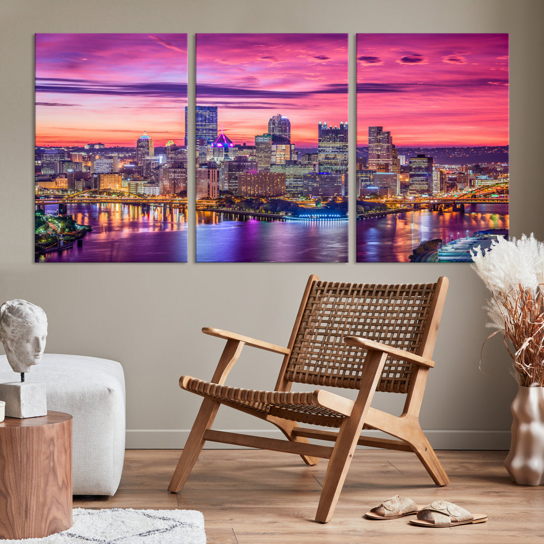 Pittsburgh Skyline Wall Art pink sky sunset cityscape Canvas Print Pennsylvania wall decor