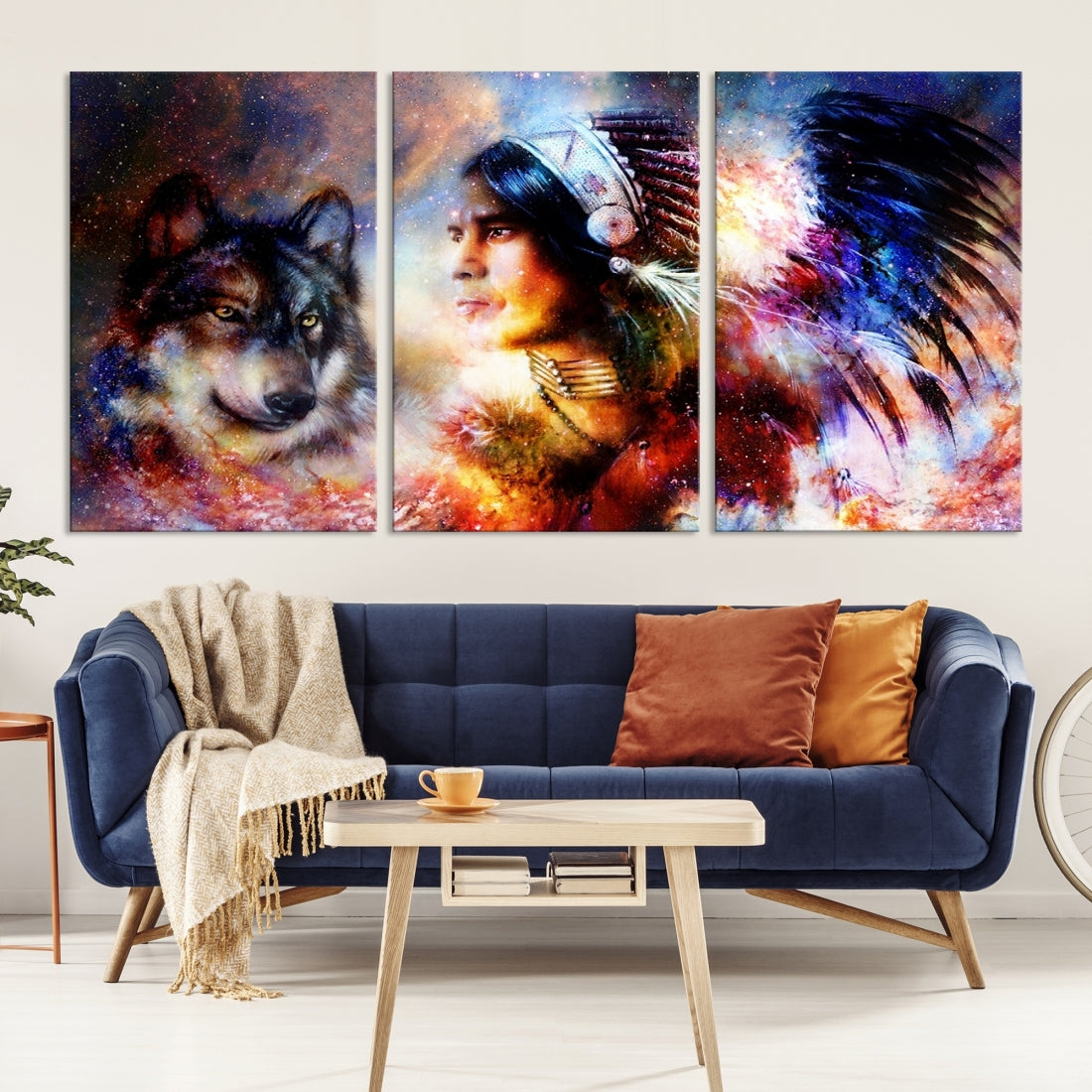 Wolf and Abstract Indian Chief Wall Art Canvas Print