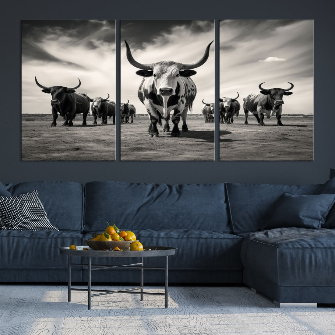 Texas Bighorn Cow Animal Wall Art Canvas Print, Longhorn Cow Large Wall Art