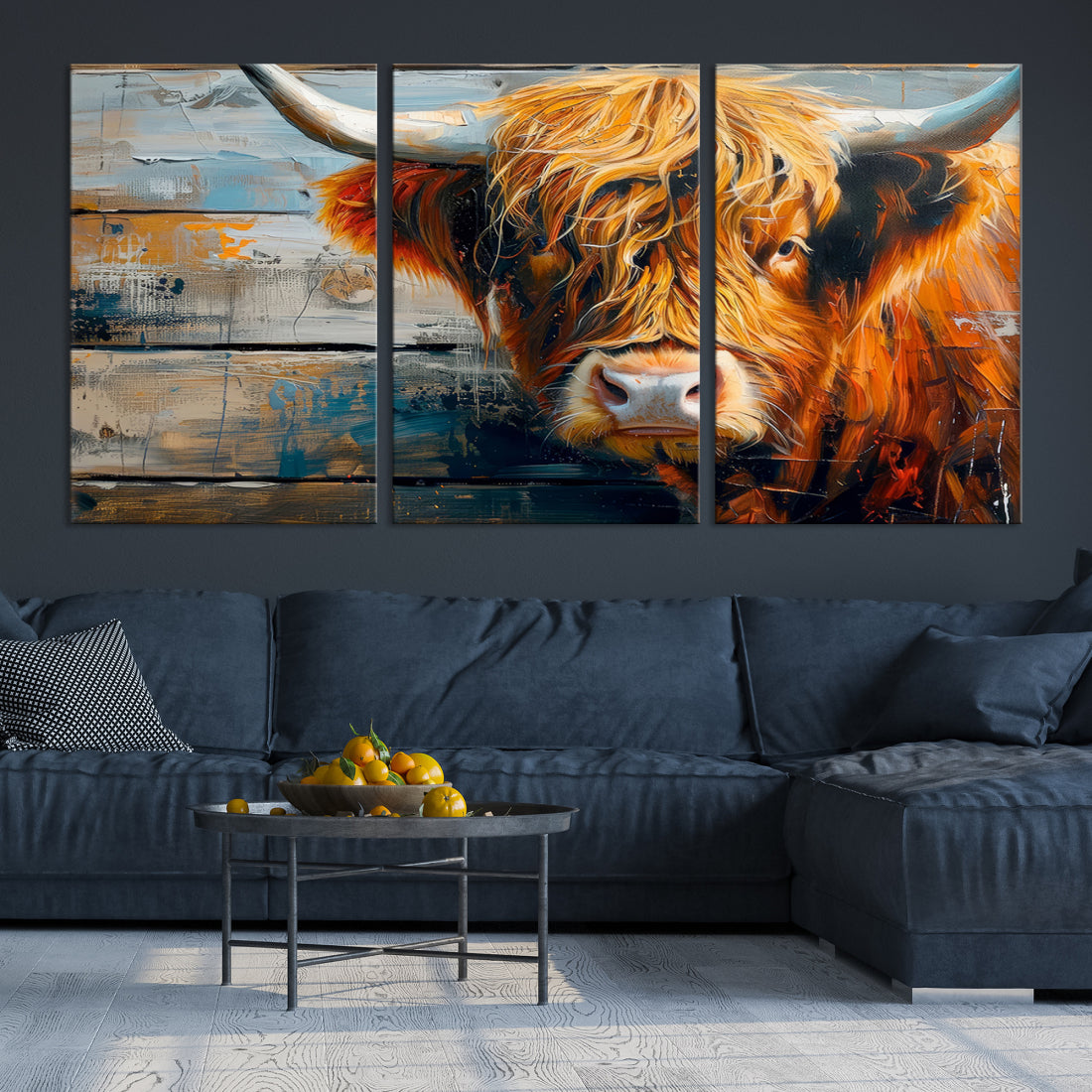 Cool Longhorn Cow on Old Wood Background Canvas Wall Art Print Framed and Shipped