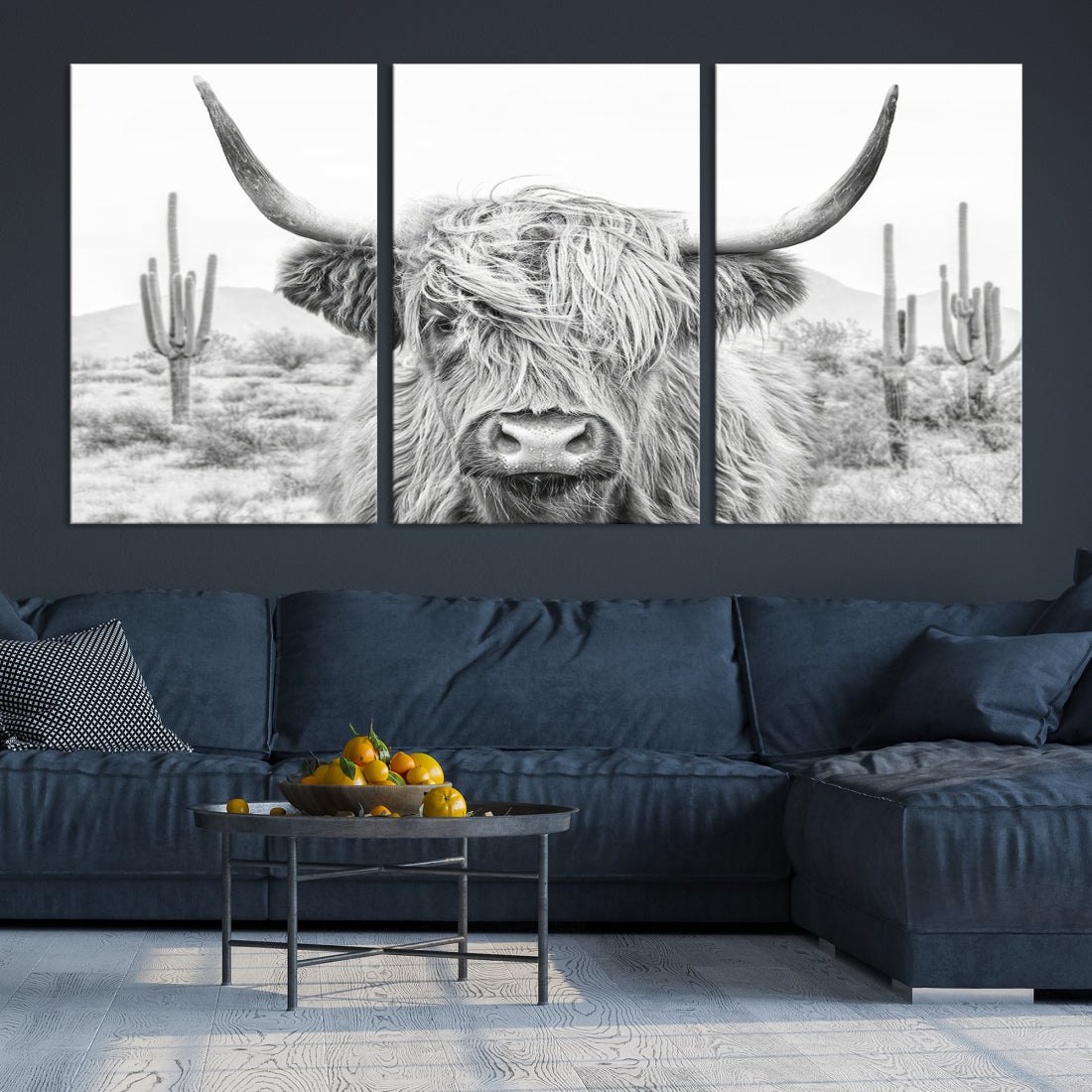 Longhorn Cow Wall Art Large Canvas Print Landscape Animal Framed Art Set of 3