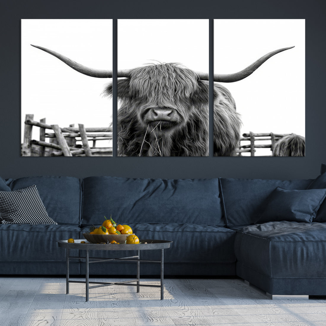 Bighorn Wall Art Cow Canvas Print Black White Artwork Mountain Lounge Farmhouse Wall Decor