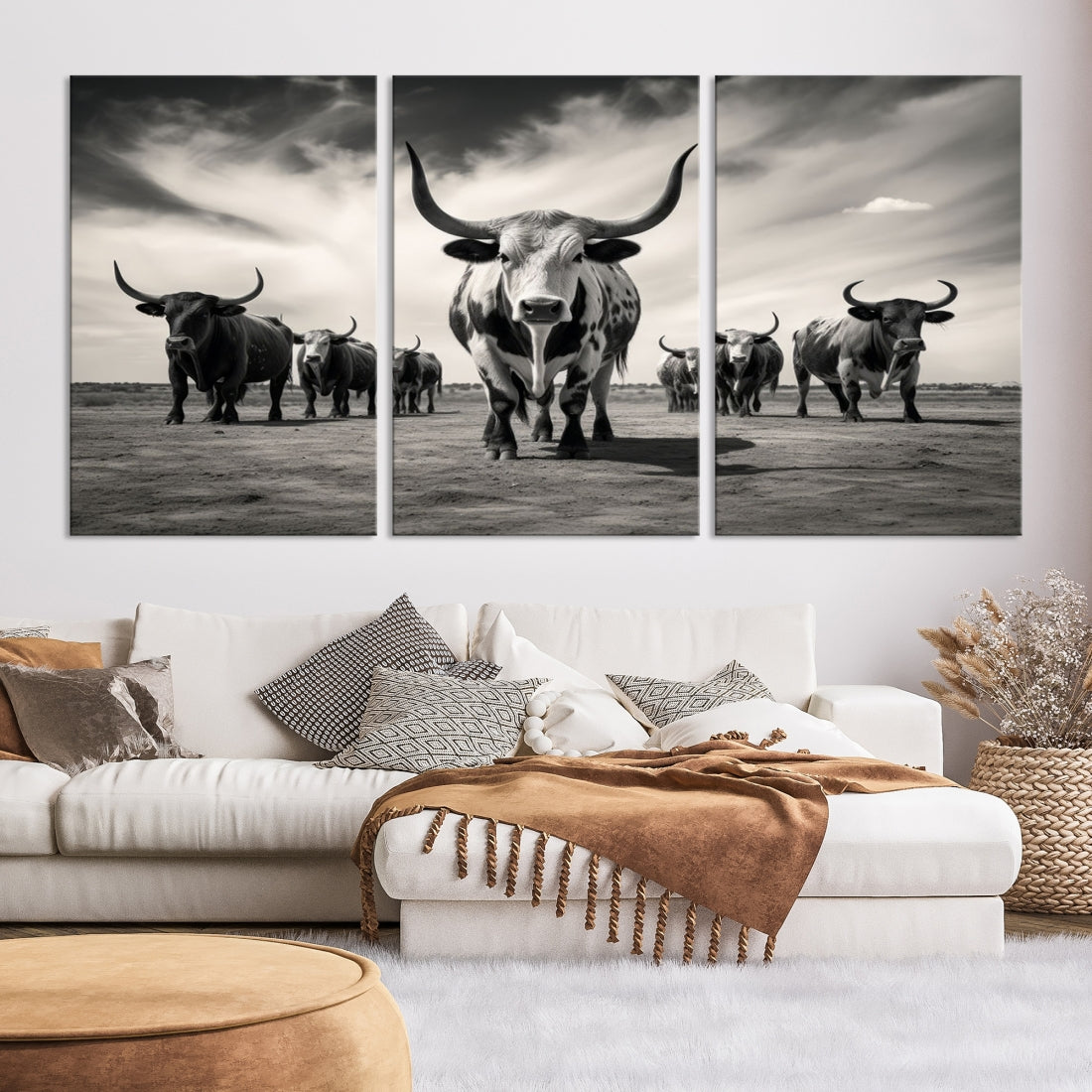 Texas Bighorn Cow Animal Wall Art Canvas Print, Longhorn Cow Large Wall Art