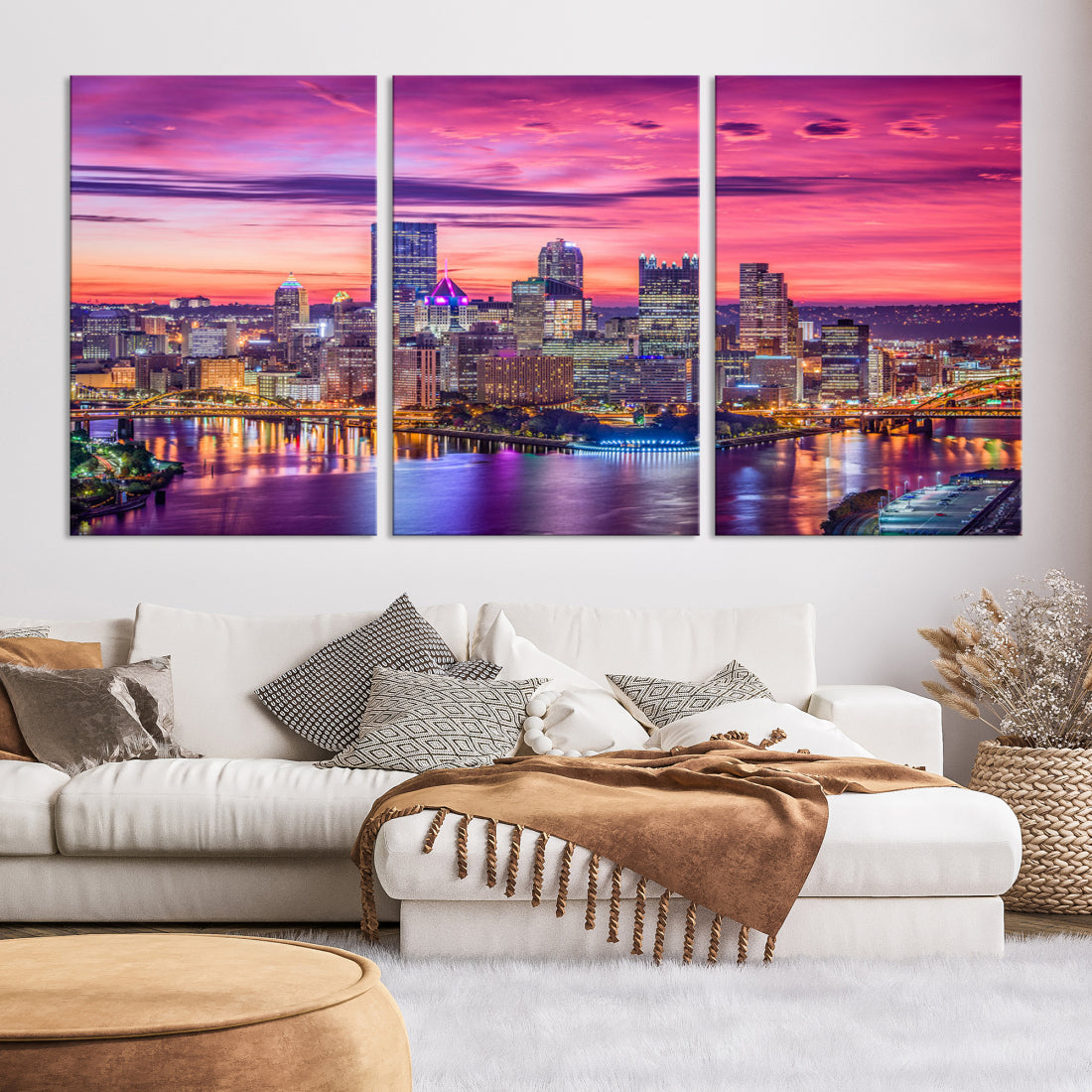 Pittsburgh Skyline Wall Art pink sky sunset cityscape Canvas Print Pennsylvania wall decor