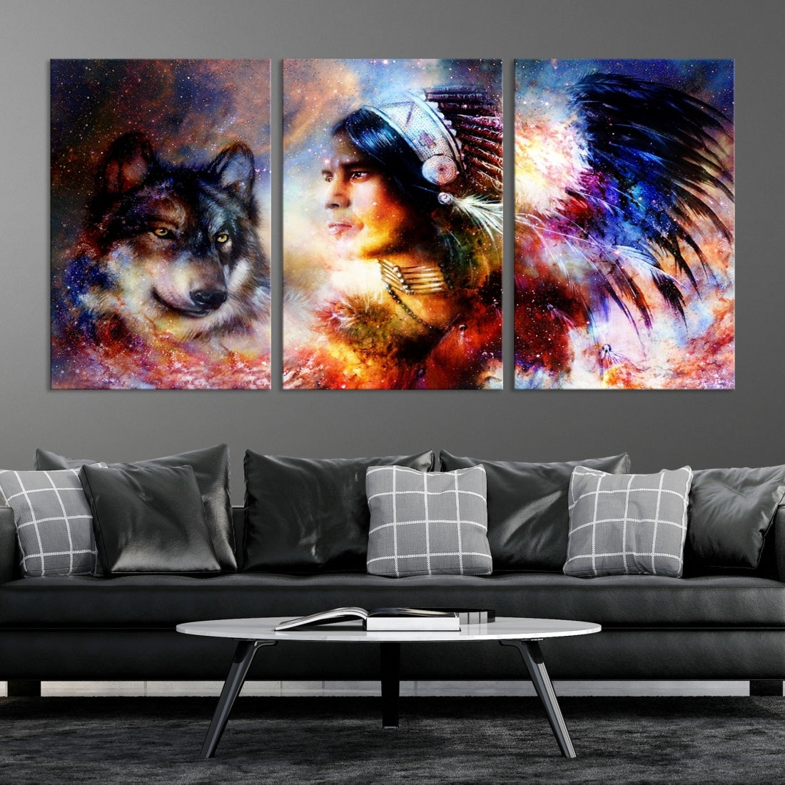 Wolf and Abstract Indian Chief Wall Art Canvas Print