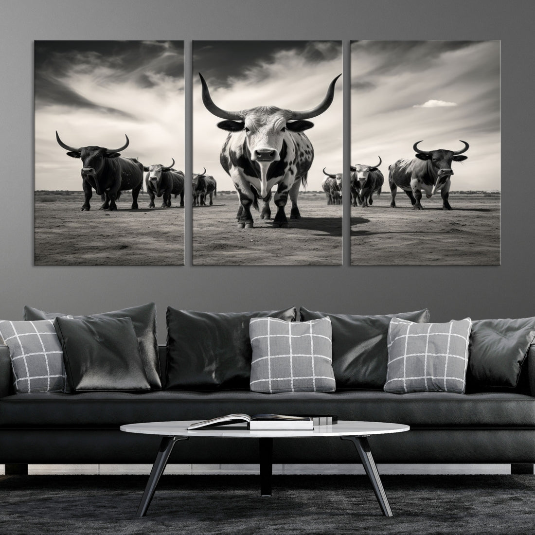 Texas Bighorn Cow Animal Wall Art Canvas Print, Longhorn Cow Large Wall Art