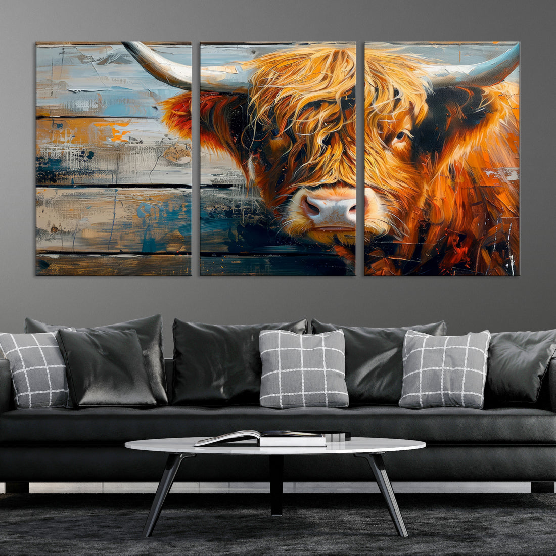 Cool Longhorn Cow on Old Wood Background Canvas Wall Art Print Framed and Shipped