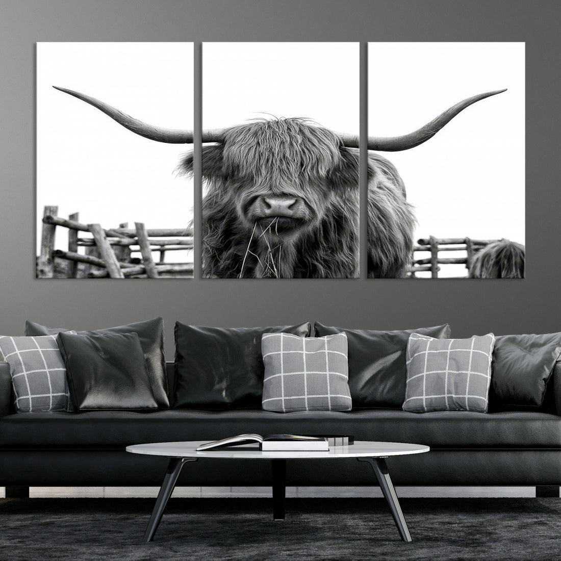 Bighorn Wall Art Cow Canvas Print Black White Artwork Mountain Lounge Farmhouse Wall Decor