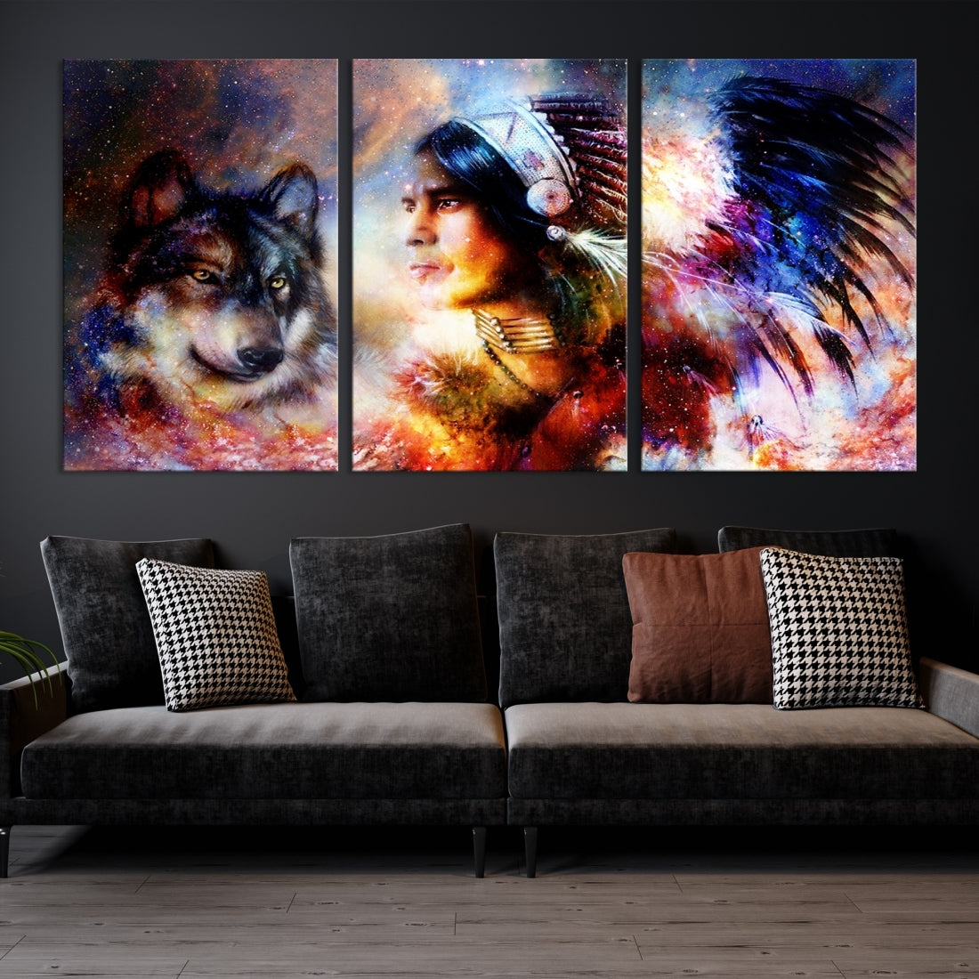 Wolf and Abstract Indian Chief Wall Art Canvas Print