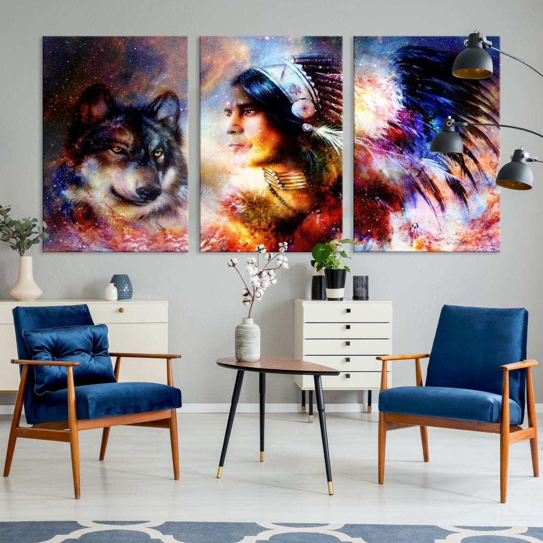 Wolf and Abstract Indian Chief Wall Art Canvas Print