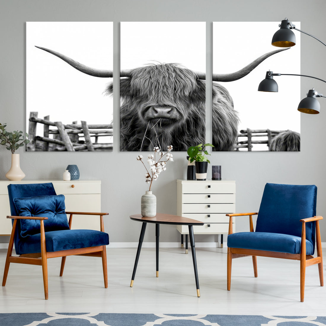 Bighorn Wall Art Cow Canvas Print Black White Artwork Mountain Lounge Farmhouse Wall Decor