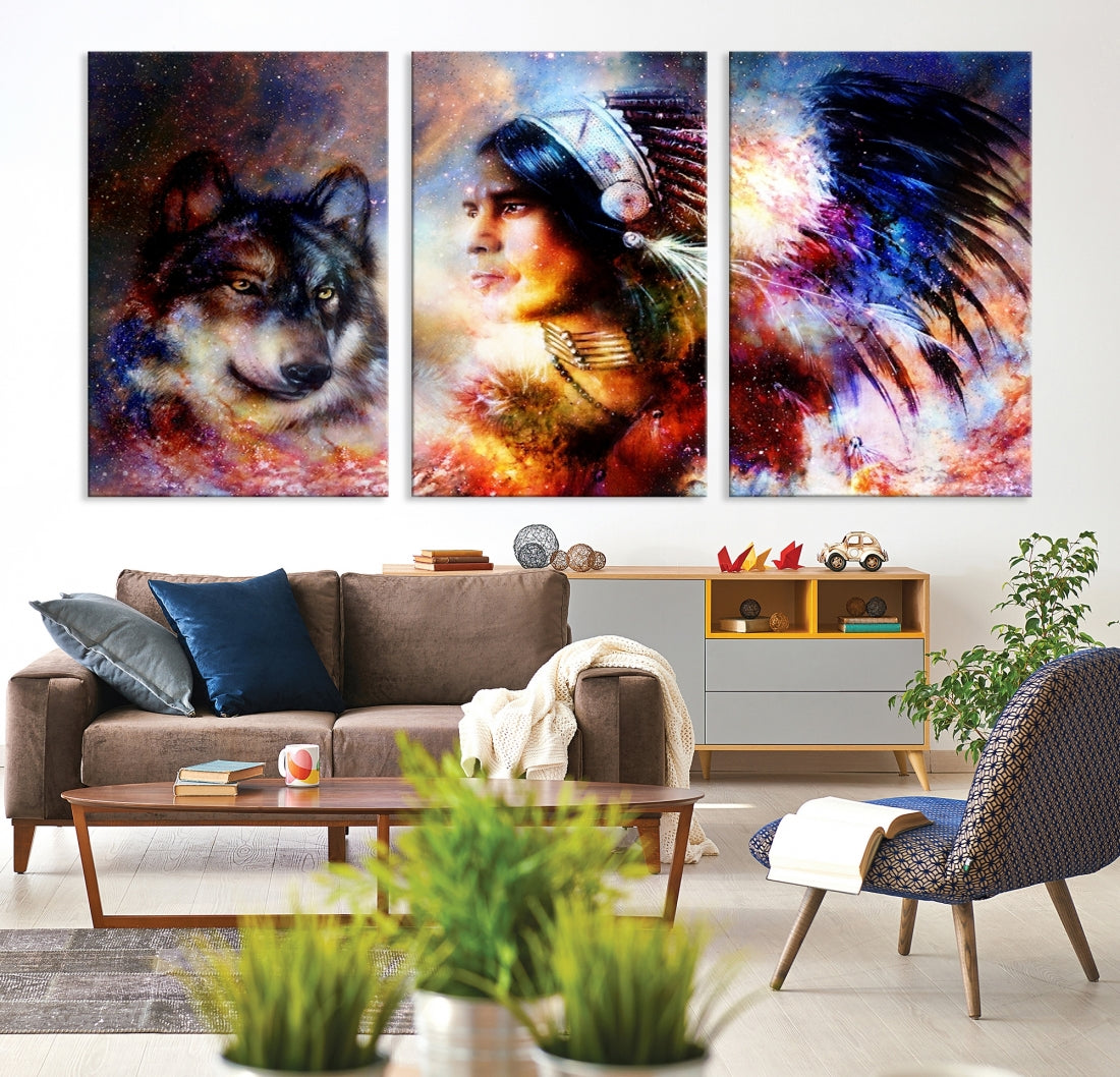 Wolf and Abstract Indian Chief Wall Art Canvas Print