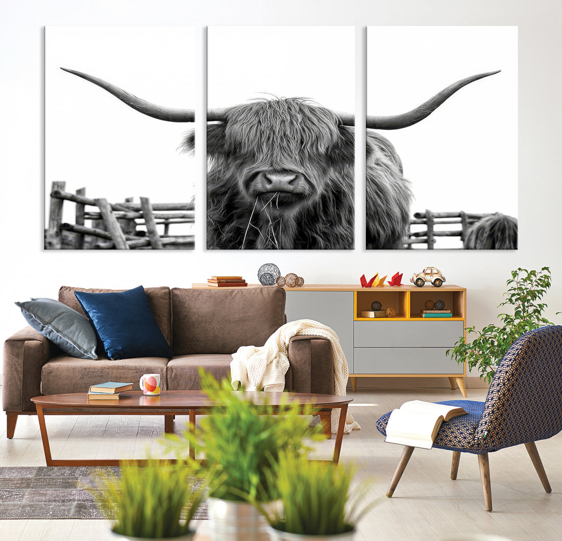 Bighorn Wall Art Cow Canvas Print Black White Artwork Mountain Lounge Farmhouse Wall Decor