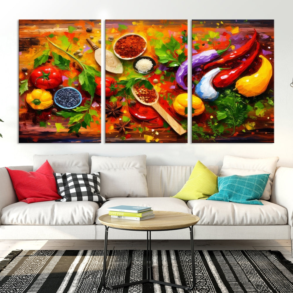 Modern Kitchen Wall Art Print, Colorful Fresh Vegetables Cooking Canvas Art, Restaurant Decor, Set of