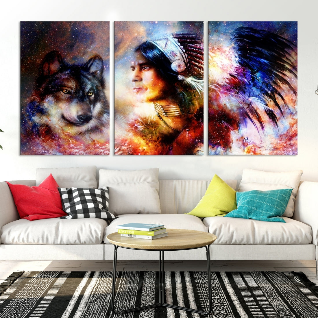 Wolf and Abstract Indian Chief Wall Art Canvas Print