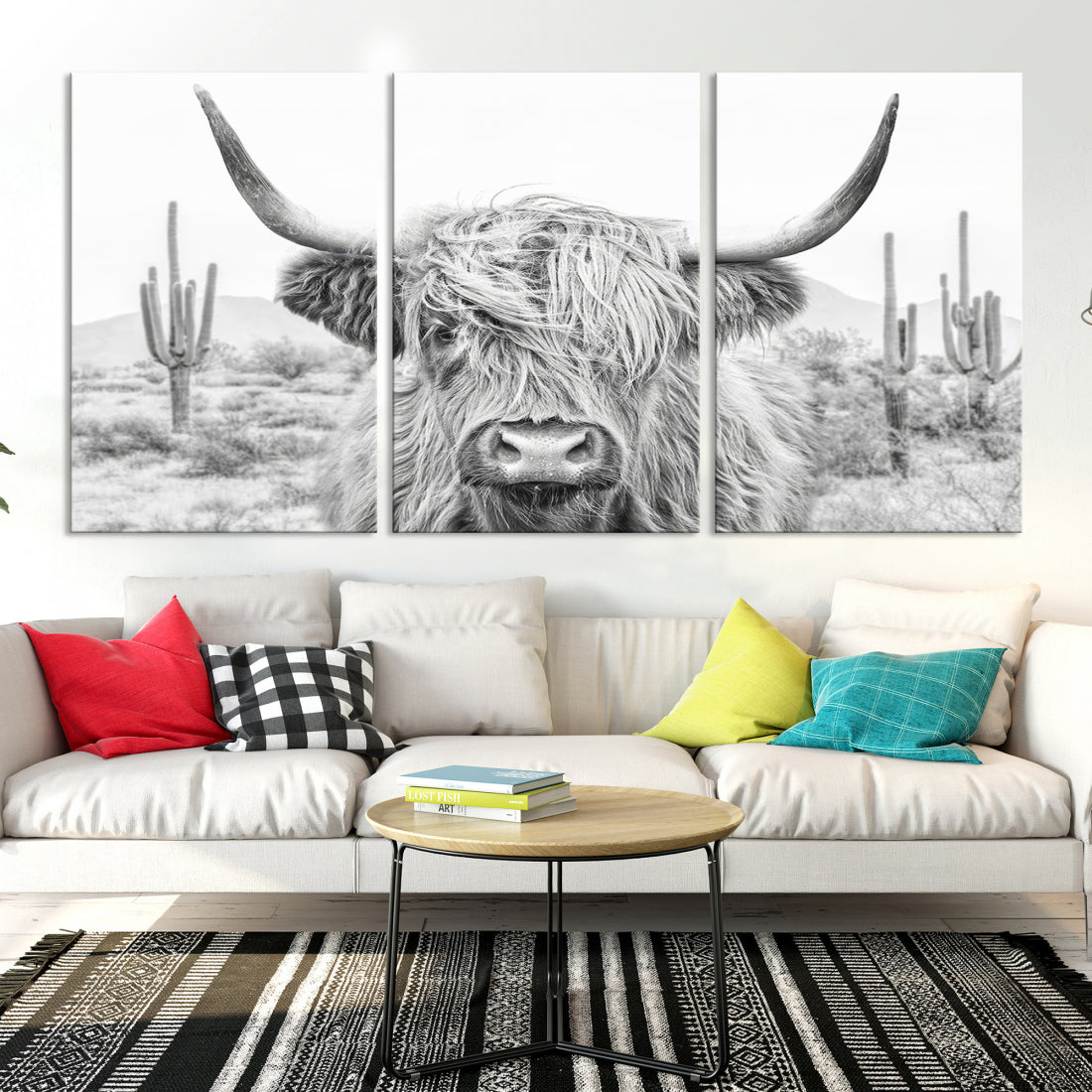 Longhorn Cow Wall Art Large Canvas Print Landscape Animal Framed Art Set of 3