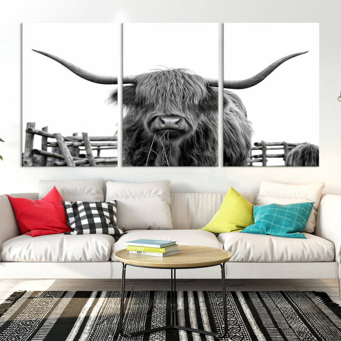 Bighorn Wall Art Cow Canvas Print Black White Artwork Mountain Lounge Farmhouse Wall Decor