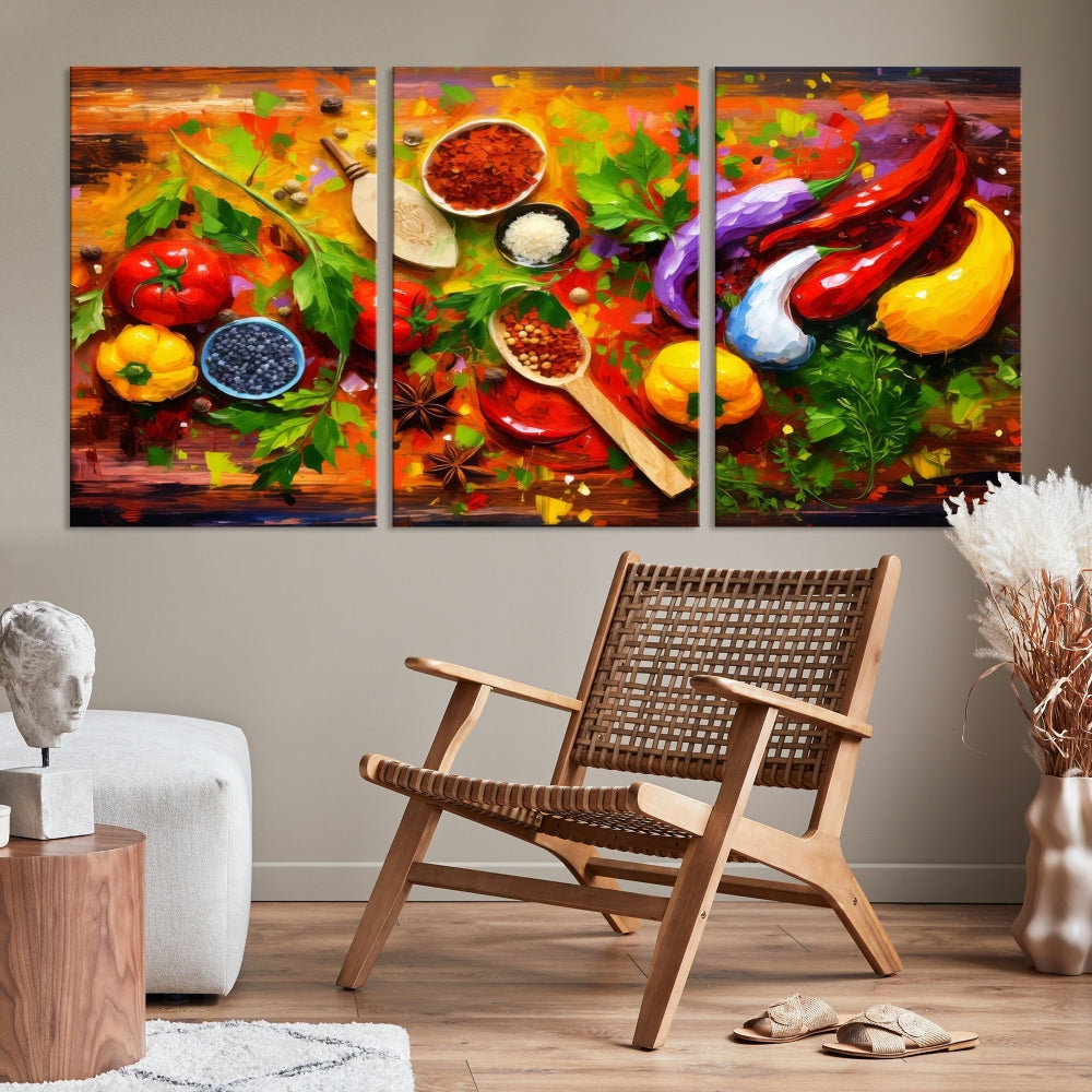 Modern Kitchen Wall Art Print, Colorful Fresh Vegetables Cooking Canvas Art, Restaurant Decor, Set of