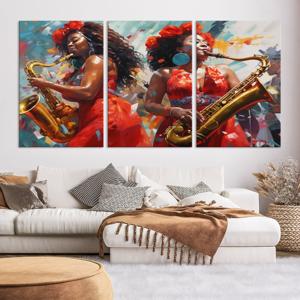 Saxophone Music Wall Art, Jazz Canvas Print, African American Woman Painting, Set of Print