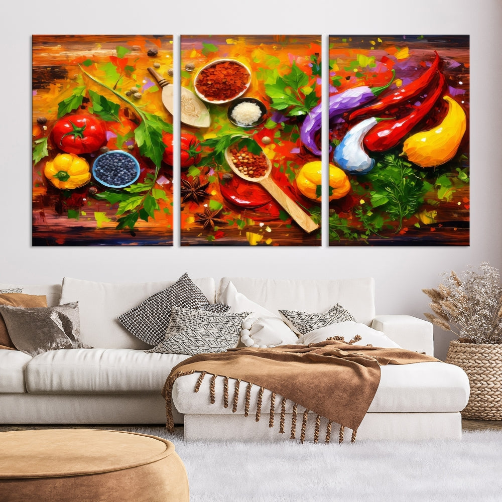 Modern Kitchen Wall Art Print, Colorful Fresh Vegetables Cooking Canvas Art, Restaurant Decor, Set of