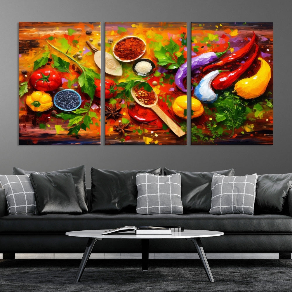 Modern Kitchen Wall Art Print, Colorful Fresh Vegetables Cooking Canvas Art, Restaurant Decor, Set of