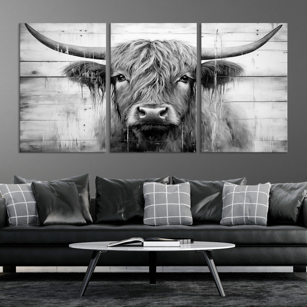 Black and White Highland Cow Canvas Print Framed Extra Large Farmhouse Wall Art